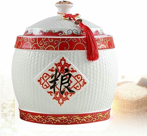 Ceramiczny pojemnik do przechowywania ryżu z pokrywką - Duży dozownik żywności na ryż, fasolę, kukurydzę, pszenicę i płatki owsiane - Szczelny słoik na ziarno do organizacji kuchni i świeżości