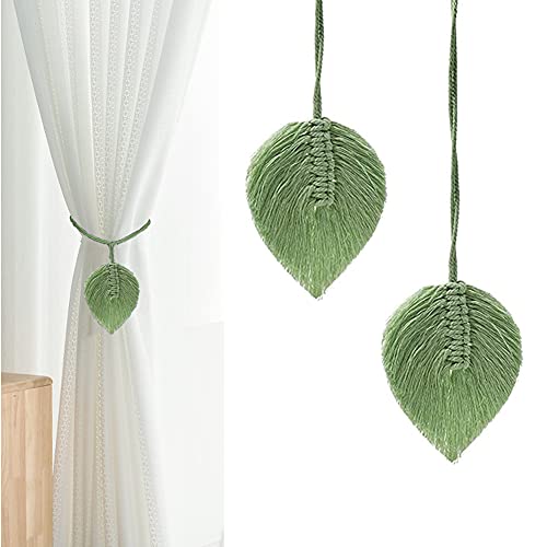 Turbokey Leaf Curtain Tiebacks Rope Boho Handmade Outdoor Curtain Holdbacks 2 Pack Farmhouse Tassel Curtain Ties Holder by Cotton Rope, Bohemian Home Decoration Drapery Holdback (Avocado Green)