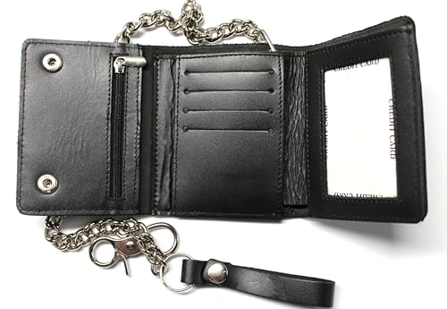 Leather Trifold Biker Wallet Constructed of Premium Leather with 18 inch Chain (Black)