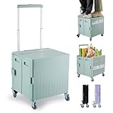Folding Utility Cart Portable Rolling Crate Handcart Shopping Trolley Collapsible Tool Box, with Lid, on Rotate Wheels, for Grocery, Shopping, Office, Teacher, Camp,File (Green)