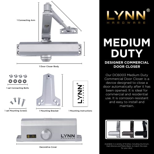 Lynn Hardware Medium Duty Commercial Door Closer - Dc6003 Automatic Door Closer, Surface-Mounted Auto Door Closer, Size 3 Automatic Door Closer For Home & Light Commercial Property, Aluminum #TOP1
