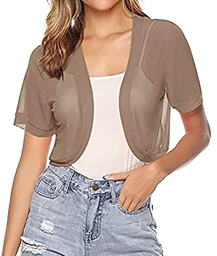 ORANDESIGNE Bolero Fiesta Mujer Mantón de Tul Boda Chaqueta Corta Manga Corta Cárdigan Corto Torera Elegante para Verano A Caqui XXL