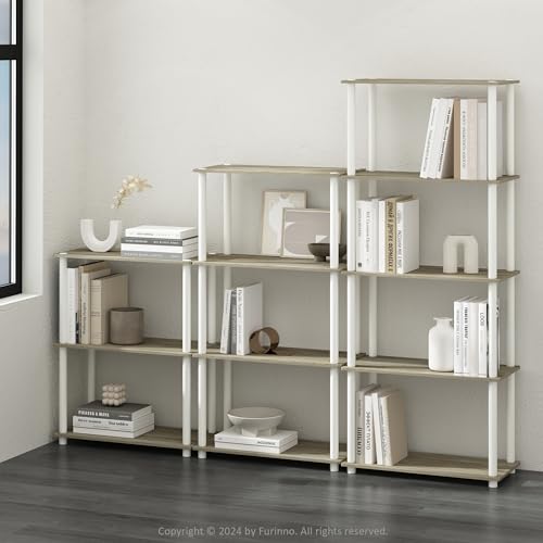 Image of Furinno TURN-N-TUBE Storage Shelves, 5-Tier Book Shelf, Corner Shelf, Toolless Open Shelves, for Organization and Storage, Living Room, Garage, Home Office, Sonoma Oak