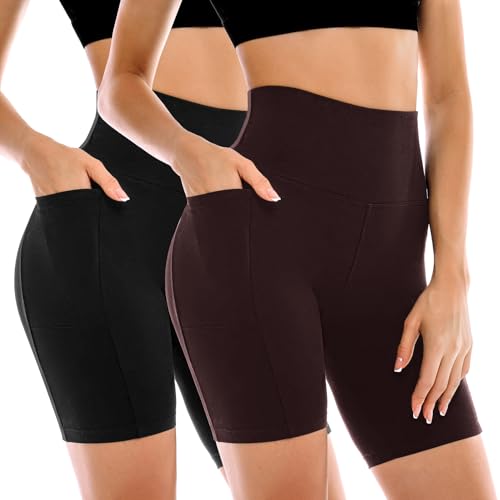 Leafigure 2 Pack Womens Biker Shorts with Pockets High Waisted Tummy Control Yoga Shorts for Women Running Gym and Workout Black/Brown L-XL