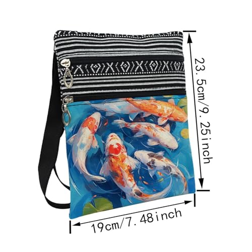 Koi Fish Messenger Bag Small Ethnic Pattern Printed Adjustable Strap Crossbody Zipper Bag Koi Fish Phone Bag Wallet Cute Shoulder Handbag for Women Friends -12