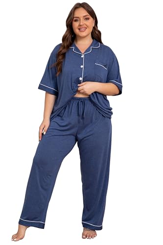 Image of Vozanet Women Plus Size Pajamas Button Down Rayon Softness PJS Classic Sleepwear Short Long Loungewear 2pcs with Pockets