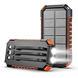 Hiluckey Power Bank Solar Charger - 27000mAh with Built-in 3 Cables Five Outputs 15W Fast Charging External Battery Pack for All Mobile Devices Solar Portable Charger with Dual Flashlights