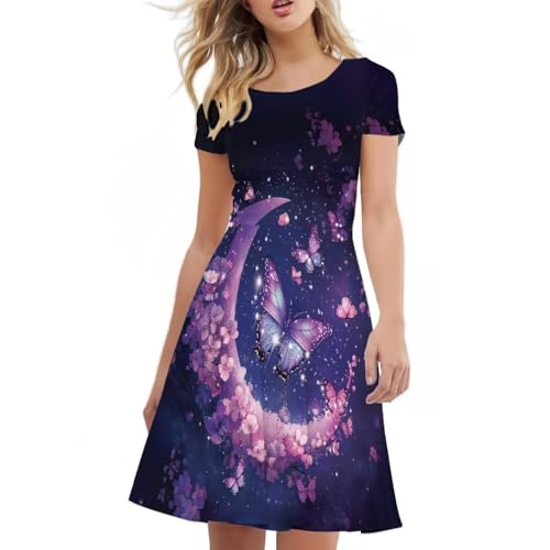 Image of HUGS IDEA Womens Puffy Swing Midi Dress Round Neck Short Sleeve Party A-Line Dresses