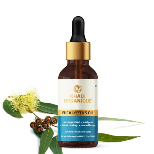 Image of Khadi Organique Eucalyptus Essential Oil | Natural Therapeutic Grade | Reduces Acne, Inflammation & Skin Irritation | Aromatherapy, Diffuser & Massage Oil for Relaxation & Glowing Skin - 15ml