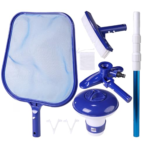 Blue Mano 6 Piece Spa & Pool Cleaning Kit - 10 Vacuum Head 12 Leaf Skimmer 10 Pool Brush 4FT Telescopic Aluminum Pole & Small Chlorine Dispenser - for Spas & Small Pools