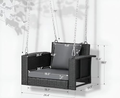 Image of India Hanging Swing Seater Patio Wicker Swings Outdoor Solid Chain Comfortable Back Front Porch for Garden Balcony (Black +Black Cushion with Black Pillow, 1 Seater)