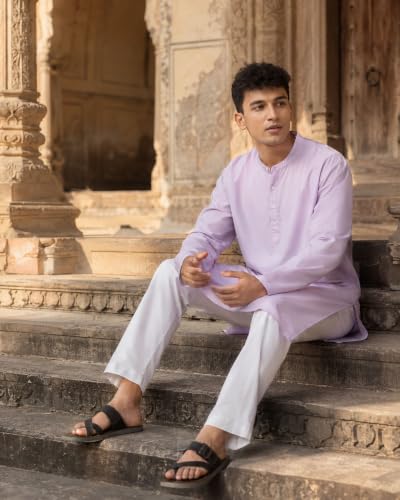 Image of SAADAA Men's Long Kurta - Linen Cotton Blend, Airy Fabric, Regular Fit, Mandarin Collar, Solid Color - Casual, Festive & Ethnic Wear