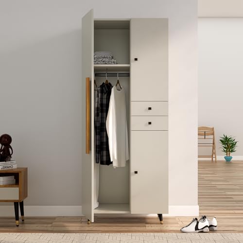 Image of Bniture 3 Door Wooden Wardrobe for Bedroom | Almirah for Clothes with 3 Shelves & 2 Hanging Sections | Full Height Storage Cupboard for Bedroom | Storage Cupboard with Long Bar Handle | Frosty White