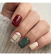 Short Press on Nails Square Fake Nails Line with Plaid Design Acrylic Full Cover False Nails Arti...