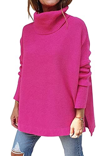 Image of LILLUSORY Women's Turtleneck Oversized Sweaters Long Batwing Sleeve Spilt Hem Tunic Pullover Knit Tops