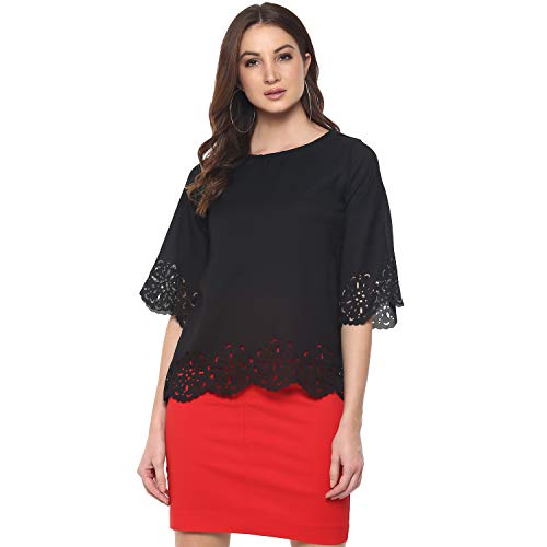 Image of mayra Women's Black Color 3 /4 Sleeve Laser Cut Out Top
