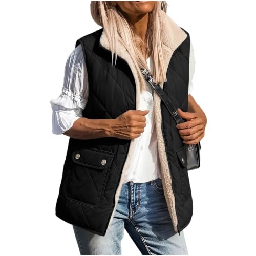 Womens Sherpa Lined Vest Lapel Collar Full Zip Diamond Quilted Jacket - image 1
