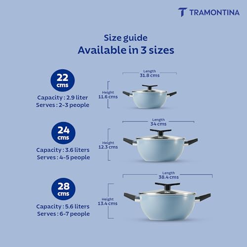 Image of TRAMONTINA Aura Extra Deep 22cm Kadai with Lid, 2.9L | Reinforced Ceramic Non-Stick Cookware | Quick & Even Heating & Low-Oil Cooking | Bakelite Handle | All Cooktop Compatible | Blueberry