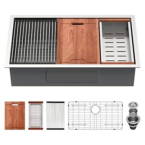 Lordear 33 Inch Undermount Kitchen Sink 16 Gauge SUS304 33"x19" Stainless Steel Workstation Ledge Single Bowl Kitchen Sinks Cover