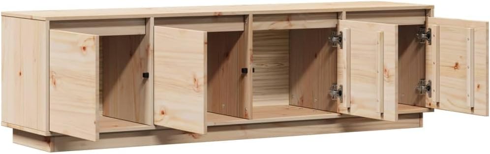Genérico Solid Pine Wood TV Cabinet with all four doors open, revealing the interior storage compartments.