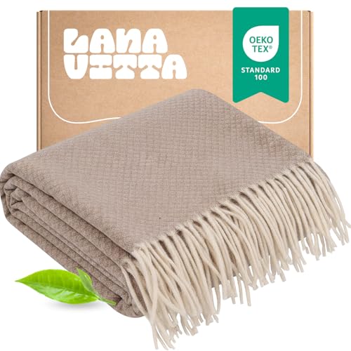 Lanavitta – Wolldecke „Prestige“ – Plaid und Tagesdecke aus 100prozent naturbelassener mongolischer Wolle – Kuschelige Sofadecke, Couchdecke und Bettüberwurf – Beige – 150x200 cm