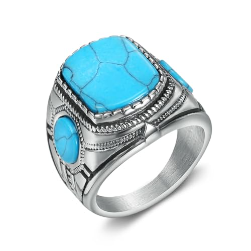 Bague Turquoise pour homme en acier inoxydable Style vintage Unique pierres précieuses bijoux mode nordique 3 pierres bleu Turquoise bande
