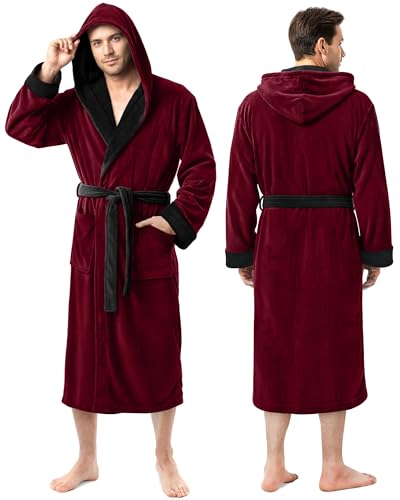 NY Threads Mens Robe with Hood, Luxury Plush Fleece Hooded Mens Bathrobe, Spa Bath Robe for Men, Large-X-Large, Burgundy and Black