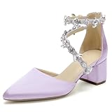Hyinlays Women's Closed Pointed Toe Block Heel Satin Crystal Wedding Pump Shoes Chunky Low Heel Bridal Prom Heels Sandals Lavender