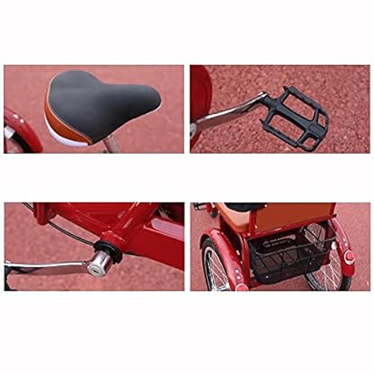 3 Räder 20-Zoll-Dreiräder für Erwachsene, faltbar, Single-Speed-Fahrrad mit Einkaufskorb, dreirädriges Cruiser-Fahrrad, verstellbar, für Senioren, Damen, Herren, Radfahren, Treten (rot) – Bild 7