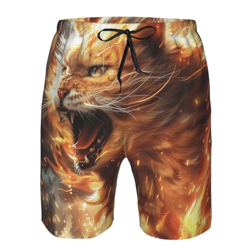 Men's Quick Dry Swim Shorts Orange Cat Angry Fire Fantasy Art Cool Beach Trunks with Pockets3