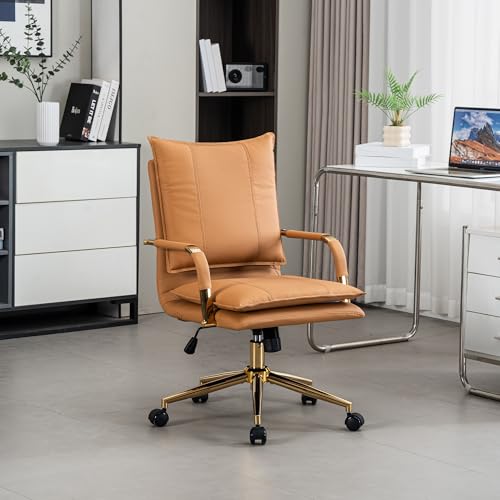 DRKAT Office Chair, Comfy Desk Chair, Leather Swivel Chair, Ergonomic Computer Chair with Armrest, Mid-Back Executive Desk Chair, Modern Upholstered Task Chair with Wheels, Camel