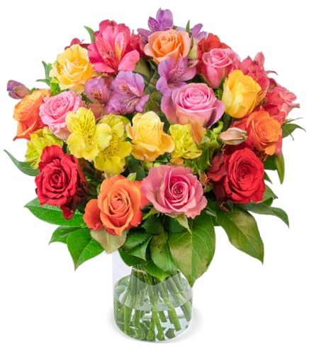Rosenglück, Rosenstrauß, Bunte Rosen und Inkalilien, bis zu 40 Blüten, 40-50cm Länge, 7-Tage-Frischegarantie, Qualität vom Floristen, perfekte Geschenkidee bestellen
