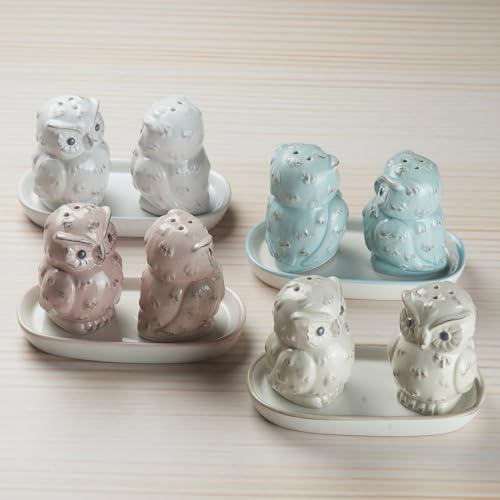 Image of Kookee Ceramic Owl Salt and Pepper Shaker Set with Tray (10283)