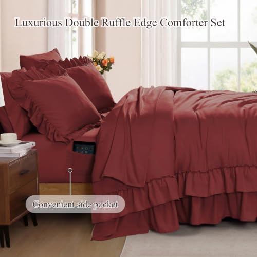Image of King Size Comforter Set Syrah Red Ruffle 7 Pieces Farmhouse Bed in a Bag