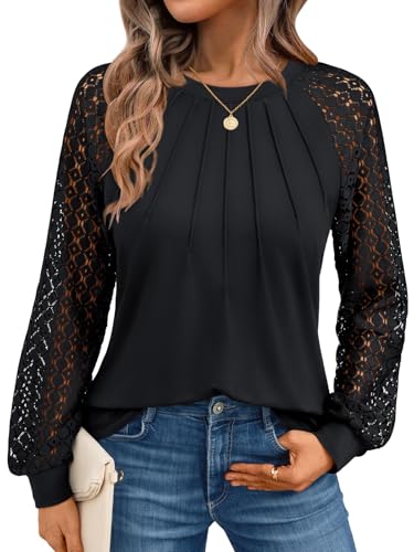AUTOMET Womens Long Sleeve Shirts Lace Tops Business Casual Blouses 2025 Fall Fashion Teacher Outfits Trendy Clothes Knit T Y2k Sweater Ladies Dressy Work Professional Clothing Black L