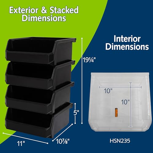 Image of ReadySpace Plastic Containers for Organizing and Storage Bins for Drawers, Desks, Office Organization, and Garage, Stackable Bins, Medium-Wide (5 inch x 11 inch x 11 inch), 4-Pack, Black