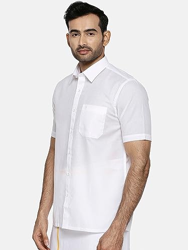 Image of RAMRAJ COTTON Mens Solid Regular Fit Half Sleeve Ethnic White Cotton Shirt