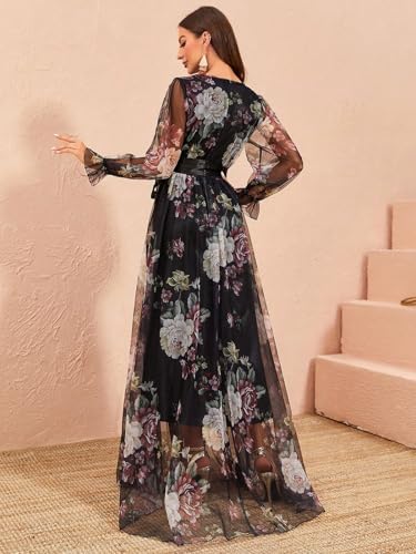 Image of TOLEEN Summer Casual Dresses for Women 2024 Spring Fashion Boho V Neck Long Sleeve Ruffle Floral Print Elegant Maxi Dress