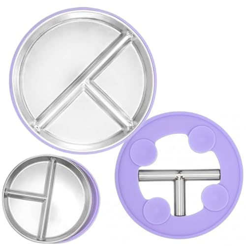 Image of RENVA Stainless Steel Kids Plates Suction Plate for Baby,Divided Toddler Plates with Removable Silicone Sleeves for Mess-Free Feeding, Non-Toxic, Non-Slip (Purple, 1 Plate)