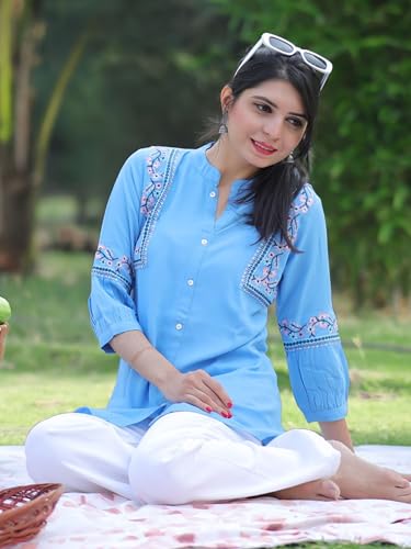Image of Women's Viscose Rayon Embroidered A-Line Short Kurti Above Knee Regular Fit Tunic Top Office Wear Casual short kurti for women | office wear top | A-line kurti | raksha bandhan gift dress for women