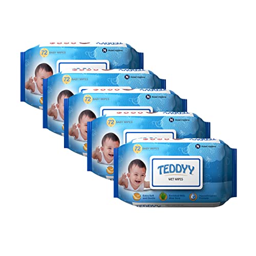 Image of Teddyy Soft Cleansing Baby Wet Wipes with Lid | 360 Wipes | Special Germ Protection | Anti - Rash | Enriched With Aloe Vera and Vitamin E | 72 Wipes x 5 Packs