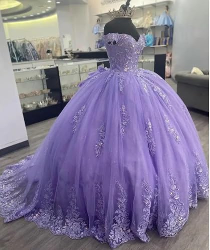 ZVOCY Off The Shoulder Quinceanera Dress Ball Gown Puffy Lace Beaded Prom Sweet 15 16 Dresses with Bow4