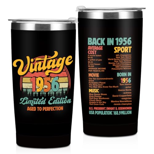 Vintage 1956, 70th Birthday Gifts for Men, 70th Birthday Decorations Tumbler, 20 oz Stainless Steel Insulated Coffee Mug, Gifts for 70 Year Old Man Dad, Travel Cup, Black Drinking Cup for Car