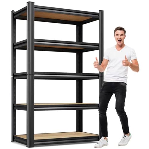Image of Heavy Duty Garage Shelving 5-Tier Metal Shelving Unit (71″H x 28″W x 12″D), Adjustable Tool-Free Storage Rack, 2000 Lbs Capacity - Industrial Garage, Pantry & Basement Organizer Shelves Black