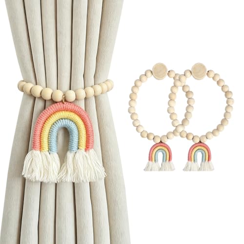 Magnetic Curtain Clips Set of 2, Wood Beads, Rainbow Decor, No Drilling
