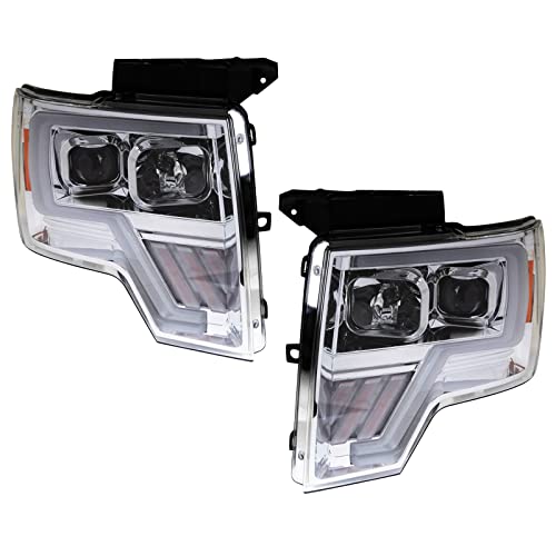Image of TRQ 2 Piece Headlight Assembly Set Performance LED C Light Bar Chrome Bezel Driver & Passenger Side Compatible with Ford F-150 2009-2014 FO2502287 FO2502289 FO2503287 FO2503289