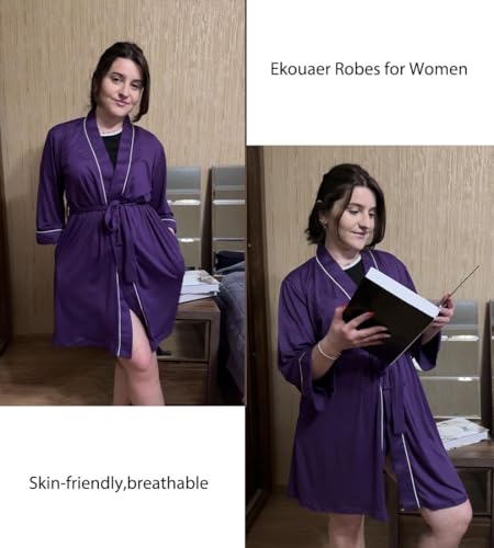 Image of Ekouaer Women Kimono Robes Knee Length Knit Bathrobe Lightweight Soft Sleepwear V-neck Casual Ladies Loungewear