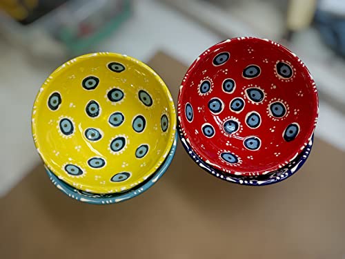 New Model Eye Eye Patterned Custom Design 4 Super Colors Round Shaped Hand Painted Ceramic Snack Bowl Decorative Evil Eye Design Cute Set - Pinch Sauce Dip (Red-Yellow-Dark Blue-Light Blue) #TOP2