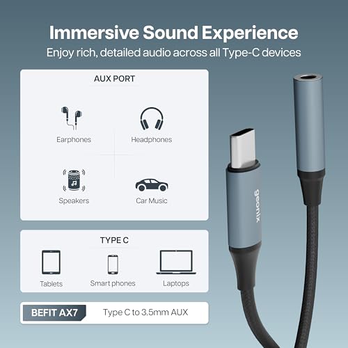 Image of Geonix Befit AX7 Type C to 3.5mm AUX Adapter | Built-in DAC | Mic & Audio Support | Plug & Play | Nylon Braided & Aluminum Alloy | Compatible with Smartphones, Tablets & Laptops