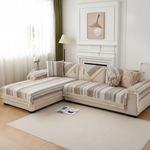 Image of HOMETHREADS Innovative European Premium Style Anti Slip Cotton Sofa Cover Mat with PVC Backing for Non-Slip Comfort (Khaki, 4 Seater | 70x210cm)